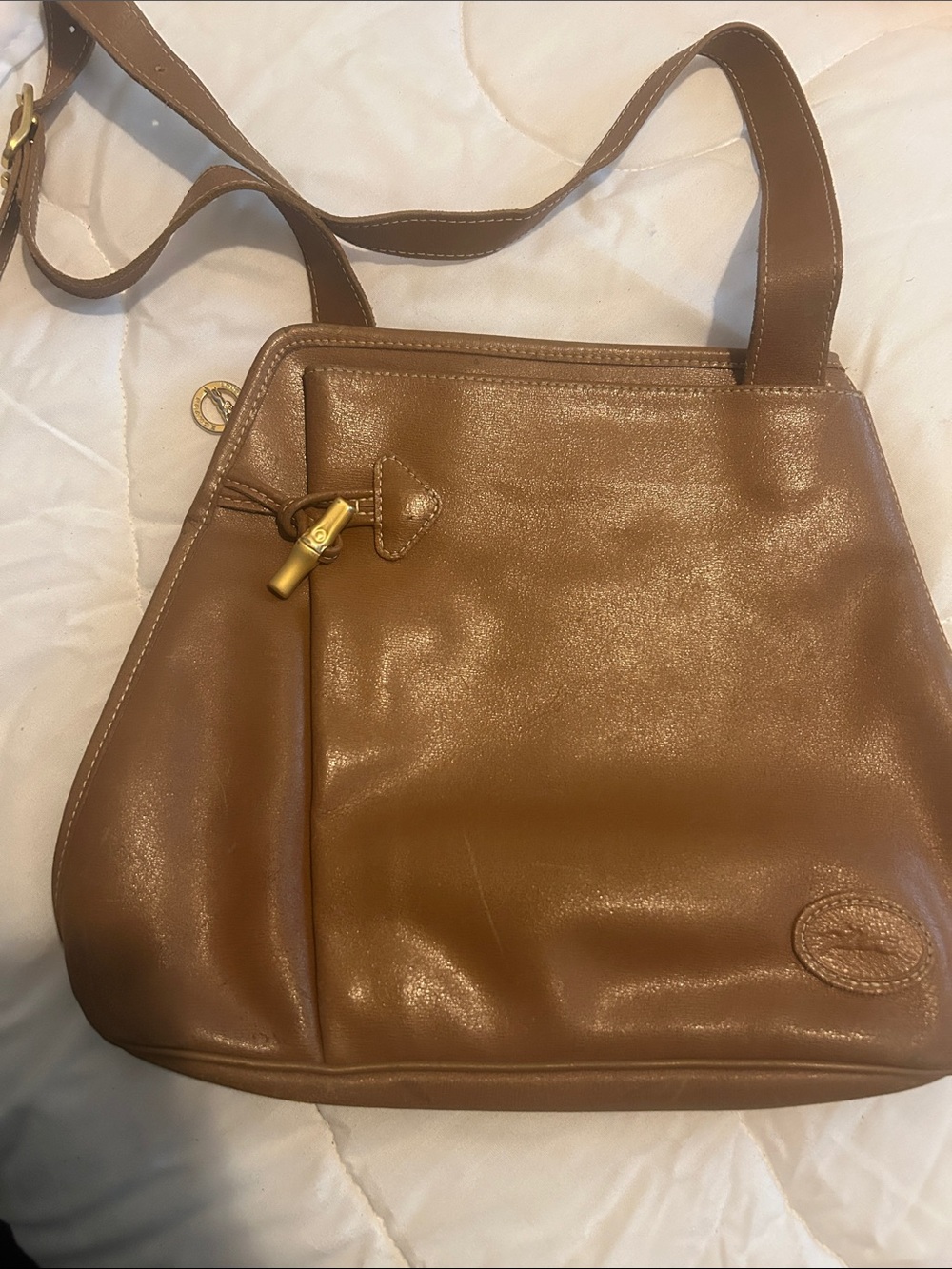 Longchamp Tan Leather Shoulder Bag with Gold Accents